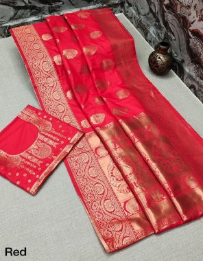 red soft lichi silk | blouse - contrast with exclusive jacquard border ( master copy )  fabric weaving work festive 