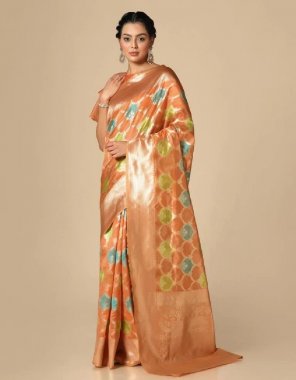 orange banarasi organza silk saree with unstitched blouse  fabric weaving work casual 