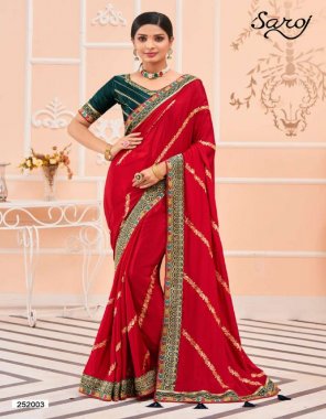 red crepe zari and multi work saree with unstitched blouse piece  fabric embroidery work festive 