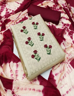 maroon top - jam silk ( 2 m) | bottom - cotton ( 2 m) | dupatta - chinon saburi print ( 2.15 m)  fabric embroidery work ethnic 