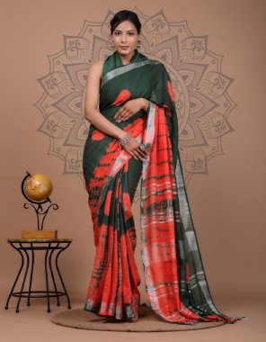 dark green linen digital print saree crafted with shibori print over all with fancy tassels in pallu saree comes with shibori print blouse piece fabric digital printed work casual 