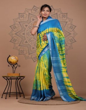 yellow linen digital print saree crafted with shibori print over all with fancy tassels in pallu saree comes with shibori print blouse piece fabric digital printed work casual 