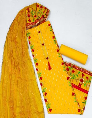 yellow top - pc cotton 2.20m | bottom - heavy indo cotton 2.00 m | dupatta - chinon unwork secvance work pallu dupatta  work 2.10 m | work - secvance & unwork fabric embroidery work party wear 