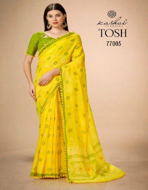 yellow linen silk with fancy prints and pum pum lace fabric printed work festive 