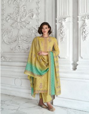 yellow top - lawn cambric cotton digital print neck & daman embroidery | bottom - cotton dyed | dupatta - box pallu print digital print fabric embroidery work party wear 