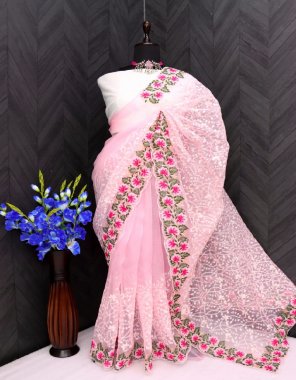 pink soft purple organza with chikankari work | blouse - banglori sattin plain silk  fabric chikankari work party wear 