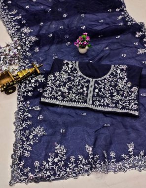 navy blue saree - organza silk | blouse - mono banglory silk with embroidery work fabric embroidery work casual 