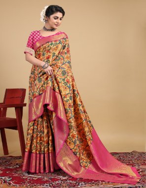 peach soft silk weaving kalamkari print  fabric printed work festive 