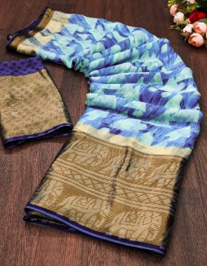 sky blue saree - soft tussar silk ( gold zari weaving ) | blouse - soft tussar silk ( running contrast color ) fabric weaving work party wear 