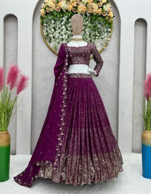 wine choli - faux georgette | inner - micro | size - upto 44 ( unstitch ) | lehenga - faux georgette | inner - micro | size - upto 44 ( semi stitched ) | flair - 3 m with canvas | dupatta - faux georgette with thread sequance work  fabric embroidery work party wear 
