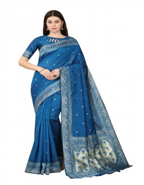 sky blue soft lichi silk  fabric weaving work festive 