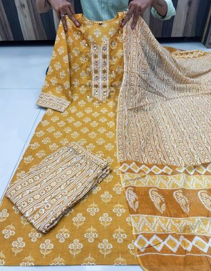 yellow pure cotton 60*60 | kurti length - 46 | pan length - 39 | dupatta - 2.10 | sleeves - 3/4  fabric mirror work printed work casual 