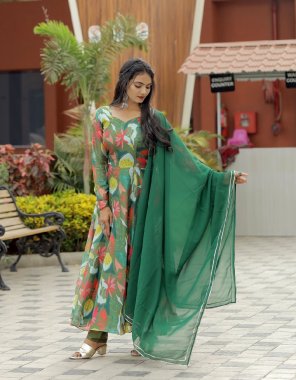 dark green anarkali - heavy pure soft tabby organza silk floral print | inner - pure micro cotton full linning | flair - 7m approx fully flair |length - 48 - 49 inch approx | pant - micro crape cotton silk | size - free size fully stitched | dupatta - pure soft faux georgette silk with border triangle lace work  fabric printed work casual 