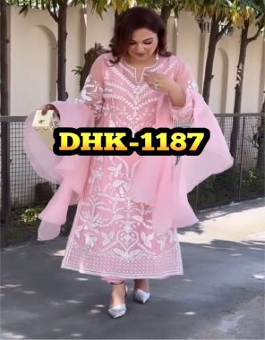 pink top - heavy fox georgette with heavy embroidery work | inner - micro cotton | sleeves - full sleeves with heavy embroidery work | top length - 46-48 inch | top size - xl full stitched upto xxl margin | pant - heavy butter silk | pant length - 40 - 42 inch | size - upto xxl | dupatta - organza silk fabric embroidery work party wear 