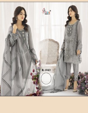 grey top - organza embroidered work | bottom - silk viscose | dupatta - embroidered net ( pakistani copy ) fabric embroidery work party wear 