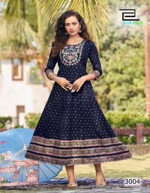 navy blue rayon foil print with embroidery | length - 52 