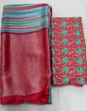 pink saree - heavy moss chiffon print with viscose border patta | blouse - multi work with handwork moti work fabric printed work casual 