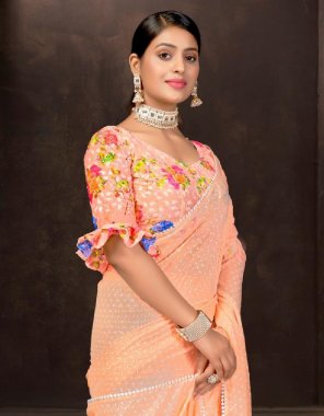 peach saree - 60 gram chiffon khadi print jhalar in pallu| blouse - 60gram georgette with heavy karachi work in digital printed fabric printed work festive 