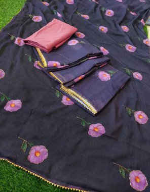 black saree - premium georgette digital print with khatli work | blouse - mono banglori ( 0.8m) fabric digital printed work party wear 