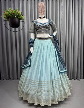 sky blue choli - soft net | inner - micro | size - unstitched upto 44| lehenga - faux georgette | inner - micro | stitching type - full stitch upto 42 | flair - 3m with canvas with cancan | dupatta - soft net thread sequance work  fabric thared sequance work festive 