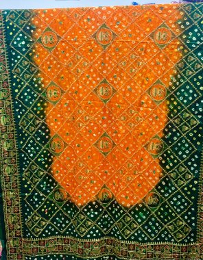 orange gajji silk fabric with handwork with kalash pattern handwork mirror work  fabric hand work work ethnic 