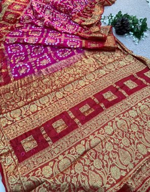 pink pure bandhej silk  fabric weaving work festive 
