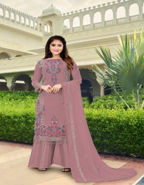 pink top - georgette with embroidery handwork ( including sleeves ) | bottom & inner - santoon | dupatta - nazmeen chiffon with embroidery lace | type - semi stitched | size - fits upto 54| length - 45