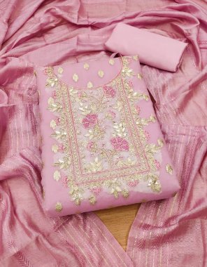 pink top - organza jacquard with neck work ( 1.9 m) | bottom + inner - santoon ( 4 m) | dupatta - banarasi gotta patti crosset fancy work ( 2.1 m) fabric jacquard work party wear 
