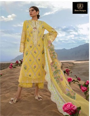 yellow top - cambric cotton embroidered ( semi stitched ) | bottom - cotton ( unstitched ) | dupatta - net embroidered fabric embroidery work festive 