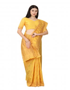 yellow soft lichi silk fabric weaving work festive 
