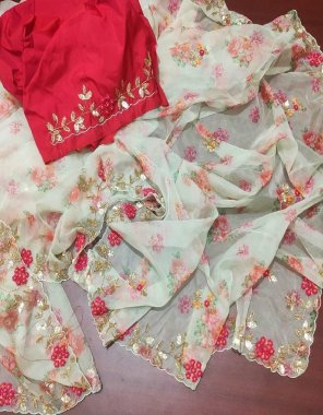white semi pure malai organza lucknowi khatli work | blouse - red silk fabric lucknowi work casual 