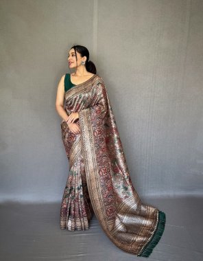 dark green soft silk saree with new conceptual design in kalamkari fusion print in 4 different colours with printed blouse fabric printed work ethnic 