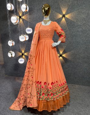 peach gown - faux georgette with original mirror work sleeves | gown inner - micro cotton | length - 52 - 53 inch | flair - 3 m | dupatta - faux georgette with four side moti less border ( 2.40 m) | gown size - upto 40 to 42 free size ( fully stitched ) fabric mirror work work party wear 