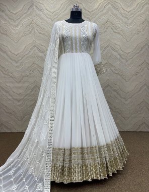 white gown - heavy faux georgette | sleeves - full sleeves with embroidery sequance work | inner - heavy micro cotton | gown length - 54 - 56 inch | flair - 3 m | type - fully stitched | dupatta - heavy fox georgette with embroidery sequance work  fabric embroidery work ethnic 