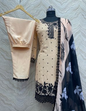 cream top - heavy fox georgette | sleeves - full sleeves with embroidery sequance work | inner - micro cotton | top length - 40-42 inch | bottom - heavy buttersilk with gpo lace border | bottom length - 40 -42 inch upto xxl | dupatta - heavy faux georgette with fancy digital printed ( 2.1 m) fabric embroidery work festive 