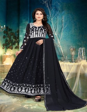 black top - georgette with foil embroidery with ston | sleeves - georgette with foil embroidery with ston | inner - santoon | bottom - santoon | dupatta - georgette with 4 side less | length - max upto 55 | size - max upto 48 | flair - 3 m | type - semi stitched fabric embroidery work ethnic 