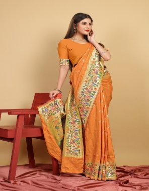 orange pure soft silk paithani handloom with pure jari fabric weaving work festive 