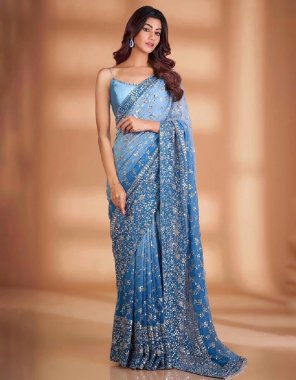 sky blue saree - georgette embroidery work | blouse - mono banglory  fabric embroidery work party wear 