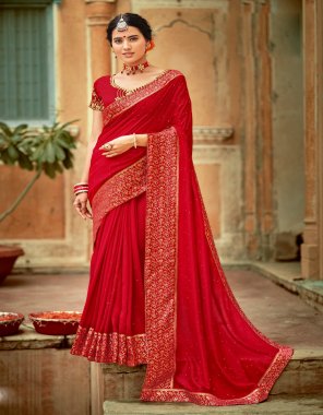 red vichitra silk | siroski stone work paisley border | saree length - 5.50 m | blouse length - unstitched embroidered 0.80 m  fabric stone work work festive 
