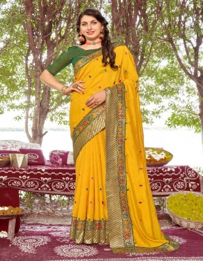 yellow vichitra woven design embroidered saree with unstitched blouse piece | border jari lace | saree length - 5.50 m | blouse - banarasi 0.80 m fabric embroidery work casual 