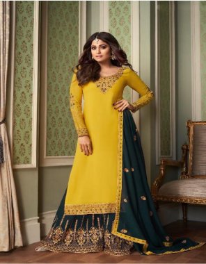 yellow top - heavy fox georgette with chainstitch embroidery work | size - free size | sleeves - heavy fox georgette | inner - santoon | plazo - heavy fox georgette with chainstitch embroidery work with inner attached ( santoon ) | dupatta  - heavy fox georgette with embroidery work with 4 side less  fabric embroidery work festive 