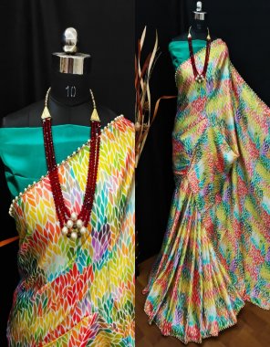 yellow saree - heavy japan satin silk printed pearl lace border | blouse - satin blouse (0.90 m) fabric printed work casual 