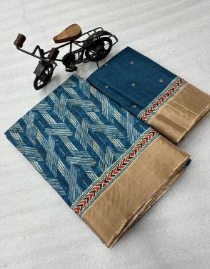 rama saree - mooga silk with gold jari border | blouse - contrast digital printed  fabric printed work casual 