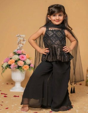 black top ( kediya style ) - heavy fox georgette with sequance embroidery work | inner - micro cotton | sharara - heavy fox georgette with fancy sharara | inner - micro cotton | dupatta - heavy net with heavy latkan ( fully stitched ) | top length - 3 - 5 yrs - 17 inch | 6 to 8 yrs - 19 inch | 9 to 11 yrs - 22 inch | 12 to 15 yrs - 24 inch | sharara - 3 to 5 yrs - 24 inch | 6 to 8 yrs - 27 inch | 9 to 11 yrs - 32 inch | 12 to 15 yrs - 35 inch fabric embroidery  work festive 