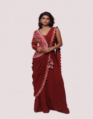 red saree - georgette with embroidery codding work | stitching type - ready to wear | blouse - georgette with embroidery full stitched | upto 42 | jacket / koti - banglory silk with embroidery work xl fully stitched ( upto xl ) | blouse with jacket attached | plazzo - heavy georgette with crushed work free size upto xl fabric embroidery  work casual 