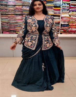 rama saree - heavy rangoli silk | inner - micro cotton | jacket / koti - embroidery work fully stitched | flair - 3.5 m | size - 42 xl stitched upto xxl 44 margin ( fully stitched ) fabric embroidery  work festive 