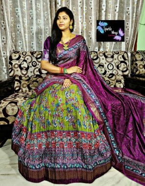 parrot green lehenga - pure dolla silk with khajuri crushed | inner - micro cotton | lehenga length - 41 | flair - 4m | lehenga closer - stitching - stitched with canvas | waist - supported upto 42 | type - stitched | blouse - dolla silk with foil printed | blouse length - 1 m ( unstitched ) | dupatta - pure dolla silk with visocse border and tassels digital printed ( 2.5 m) fabric digital printed work ethnic 