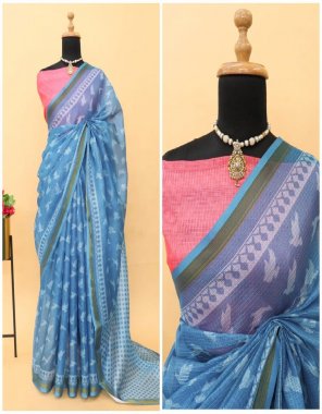 sky blue kota doriya zari border with digital printed | blouse - banglori satin fabric digital printed work festive 