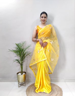 yellow saree - soft satin silk with sequance embroidery on netted half half concept with satin border | size - free size ( 30 upto 44 ) | blouse - banglory silk ( stitched )  fabric embroidery work ethnic 
