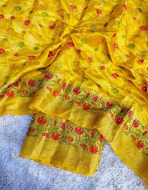 yellow semi pure weaved organza with mina handwork fabric weaving work party wear 